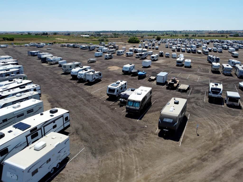 Aerial Drone Image of Erie Outdoor Parking with RVs parked