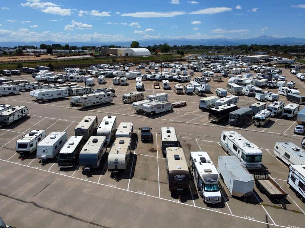 Aerial Drone shot of Mead outdoor parking filled up with RV's and Boats Parked