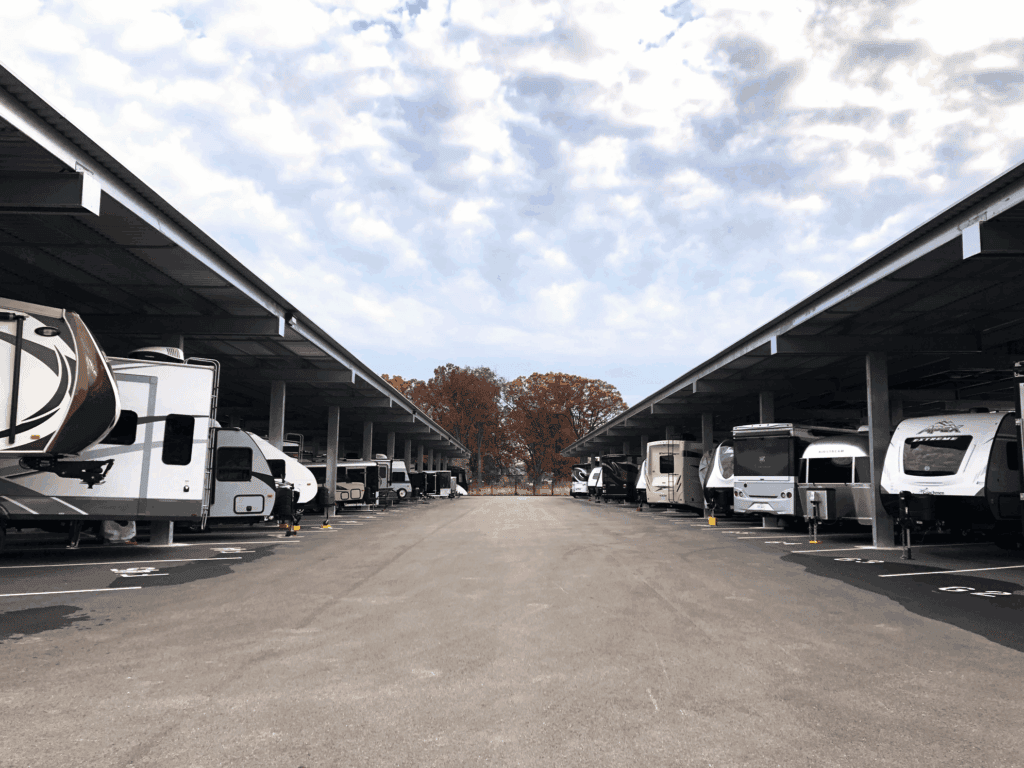 Row of covered RV storage units