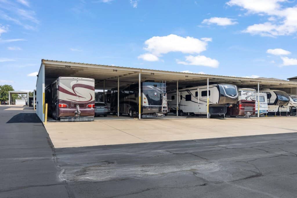 Row of covered storage units for RVs