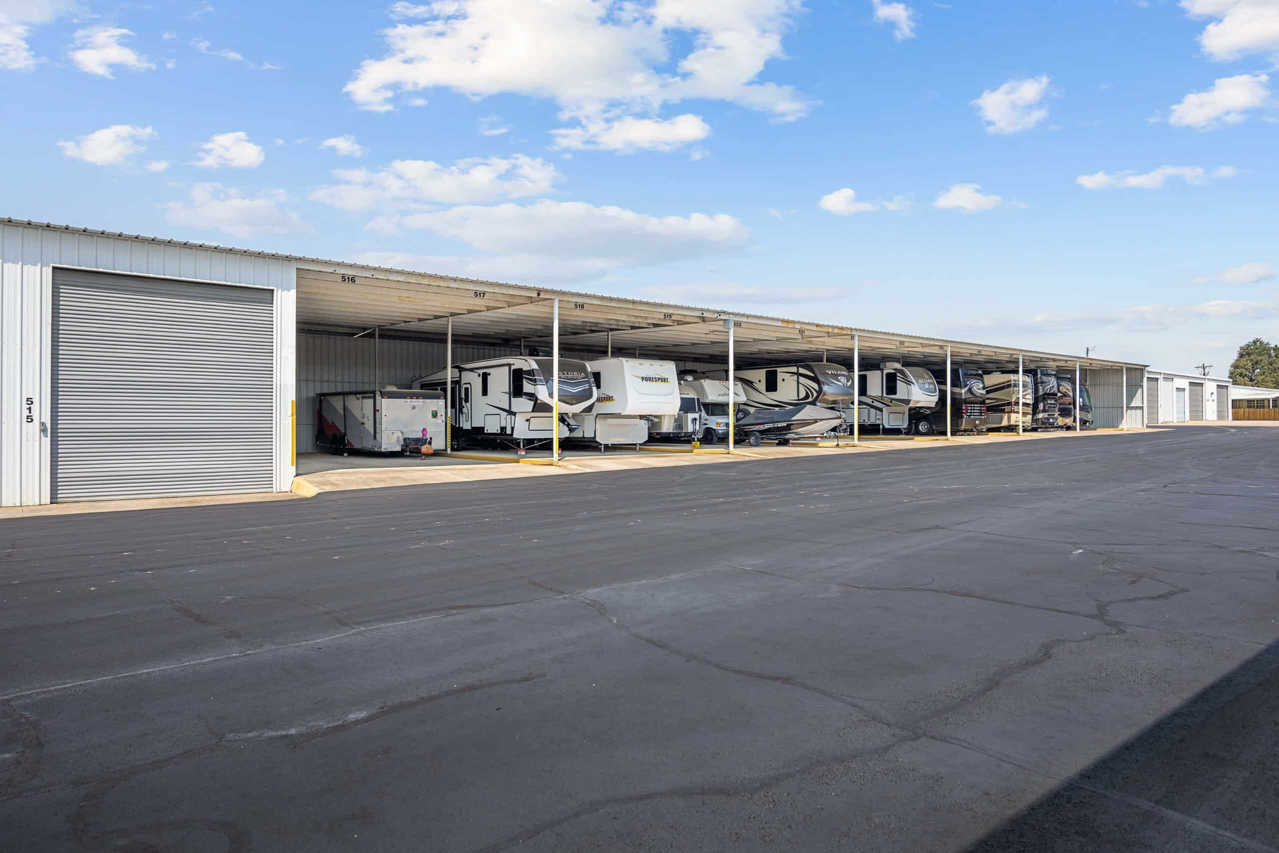 Row of covered RV storage units