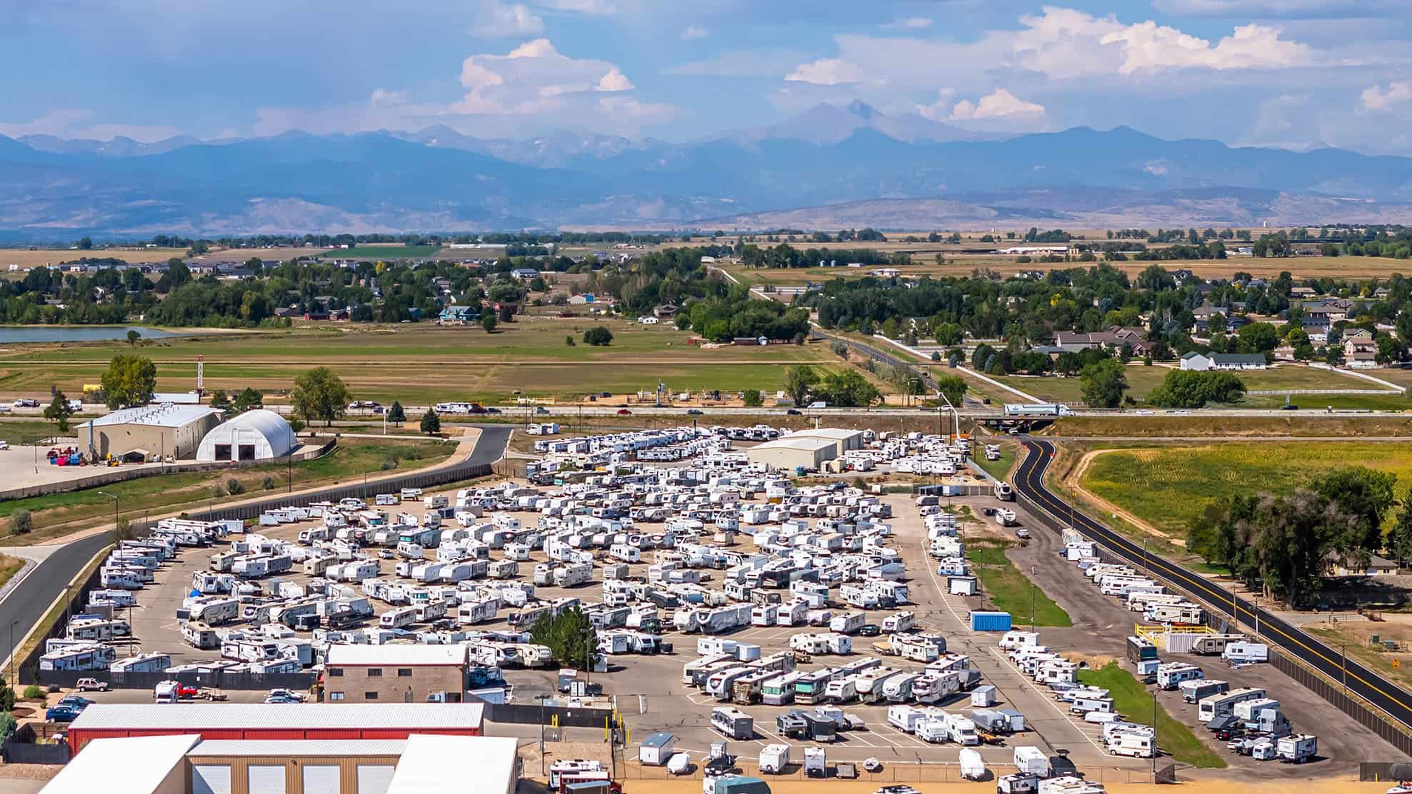 Aerial Drone shot of Mead outdoor parking filled up with RV's and Boats Parked