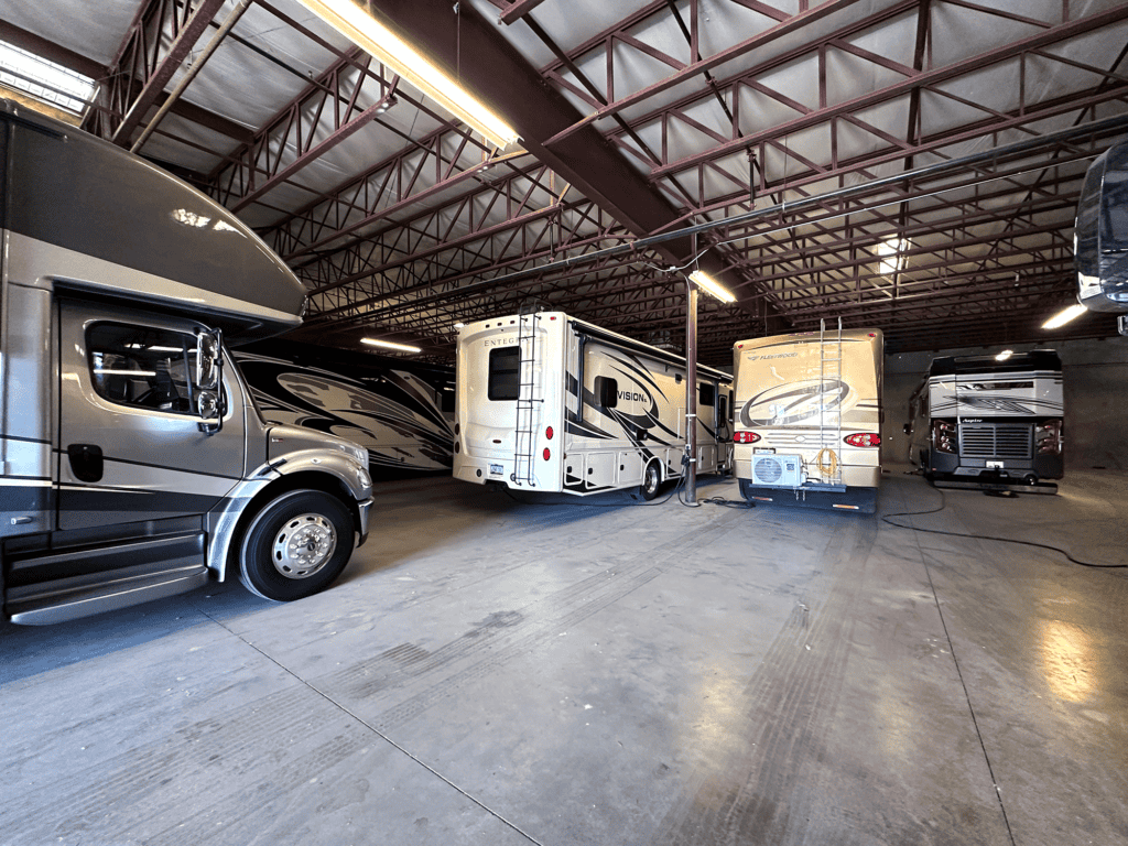 Tucson_EnclosedValet Indoor climate controlled parking featuring rows of RVs