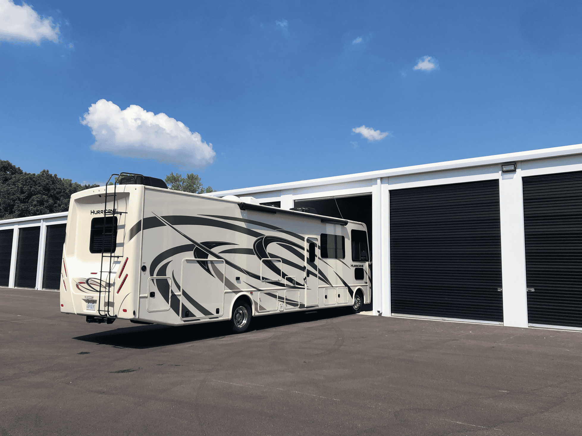 RV parking in a garage at a storage facility