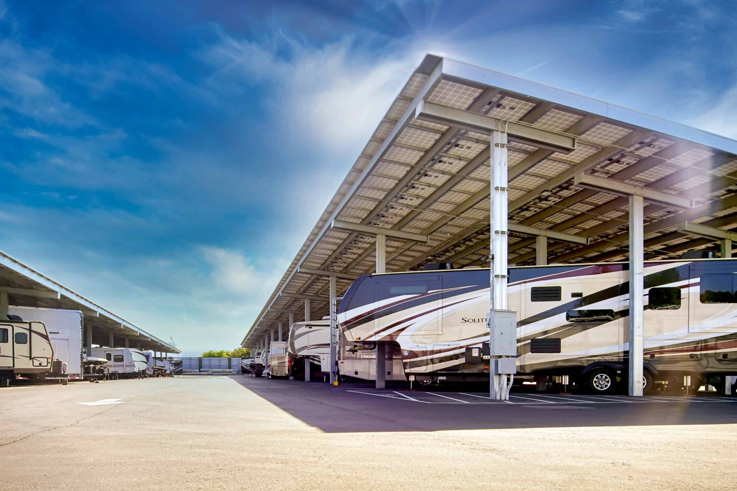 Outrig's Oakey Location Covered Parking with boats and RVs parked underneath on a sunny day