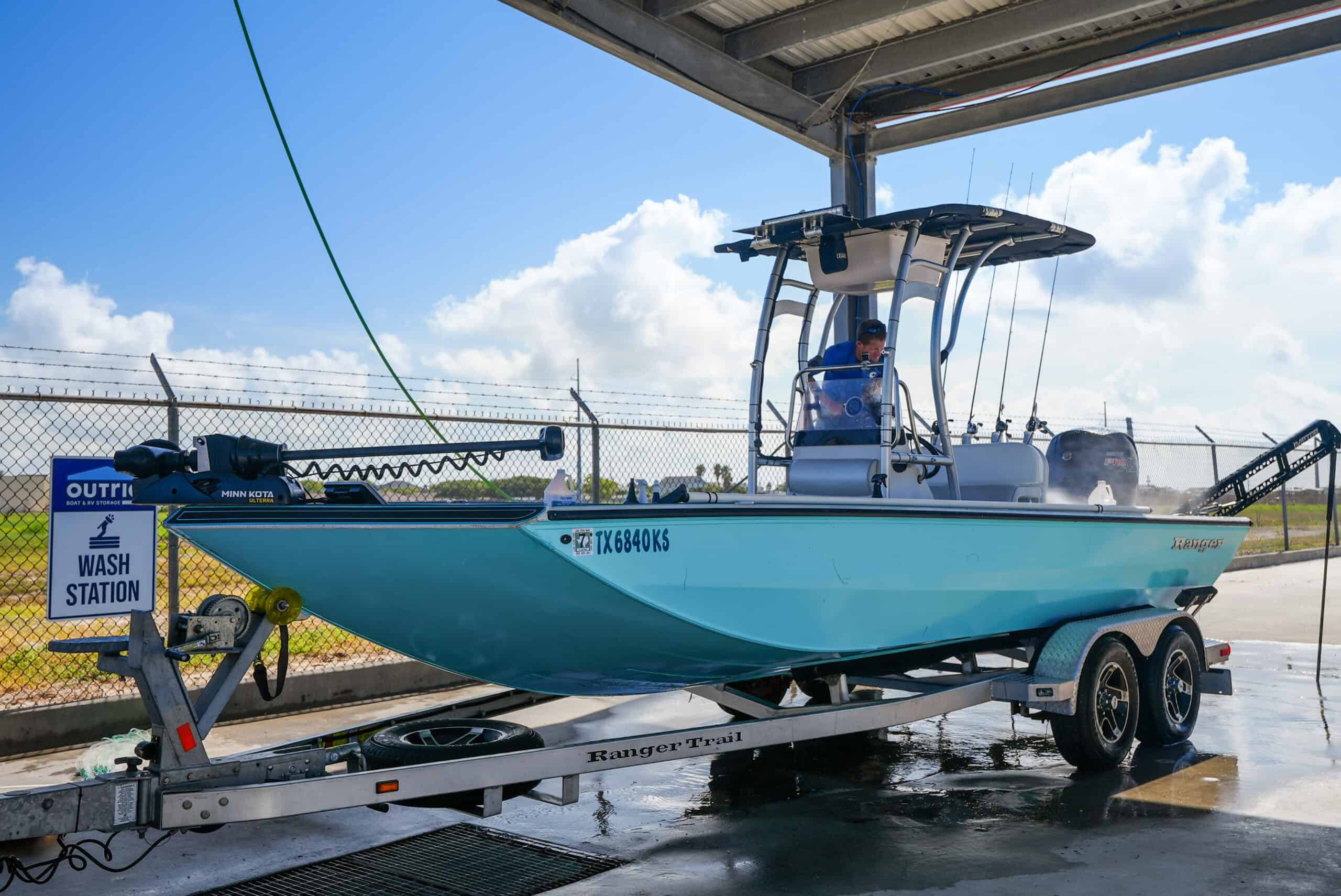 Minn Kota trolling motor on a Ranger boat at Outrig boat storage wash station.