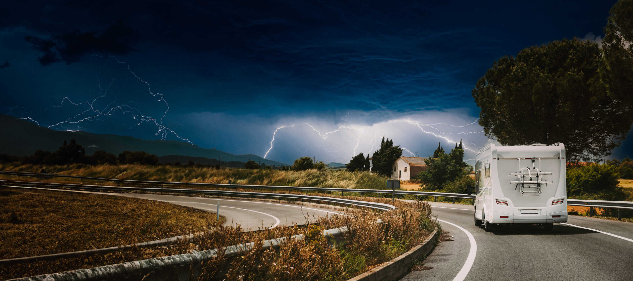 RV driving in a lightning storm