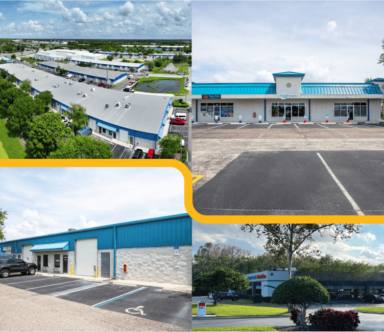 Orlando Outrig Commerce Park Collage featuring aerial view and outside angles of the building