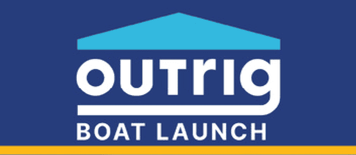 Outrig Boat Launch Logo on blue background