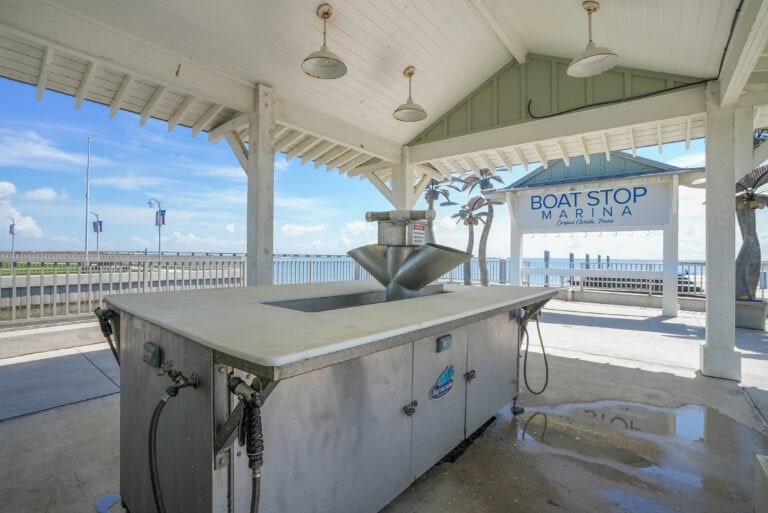 Freshwater rinsing station at Boat Stop Marina, Corpus Christi, Texas for boat cleaning and maintenance.