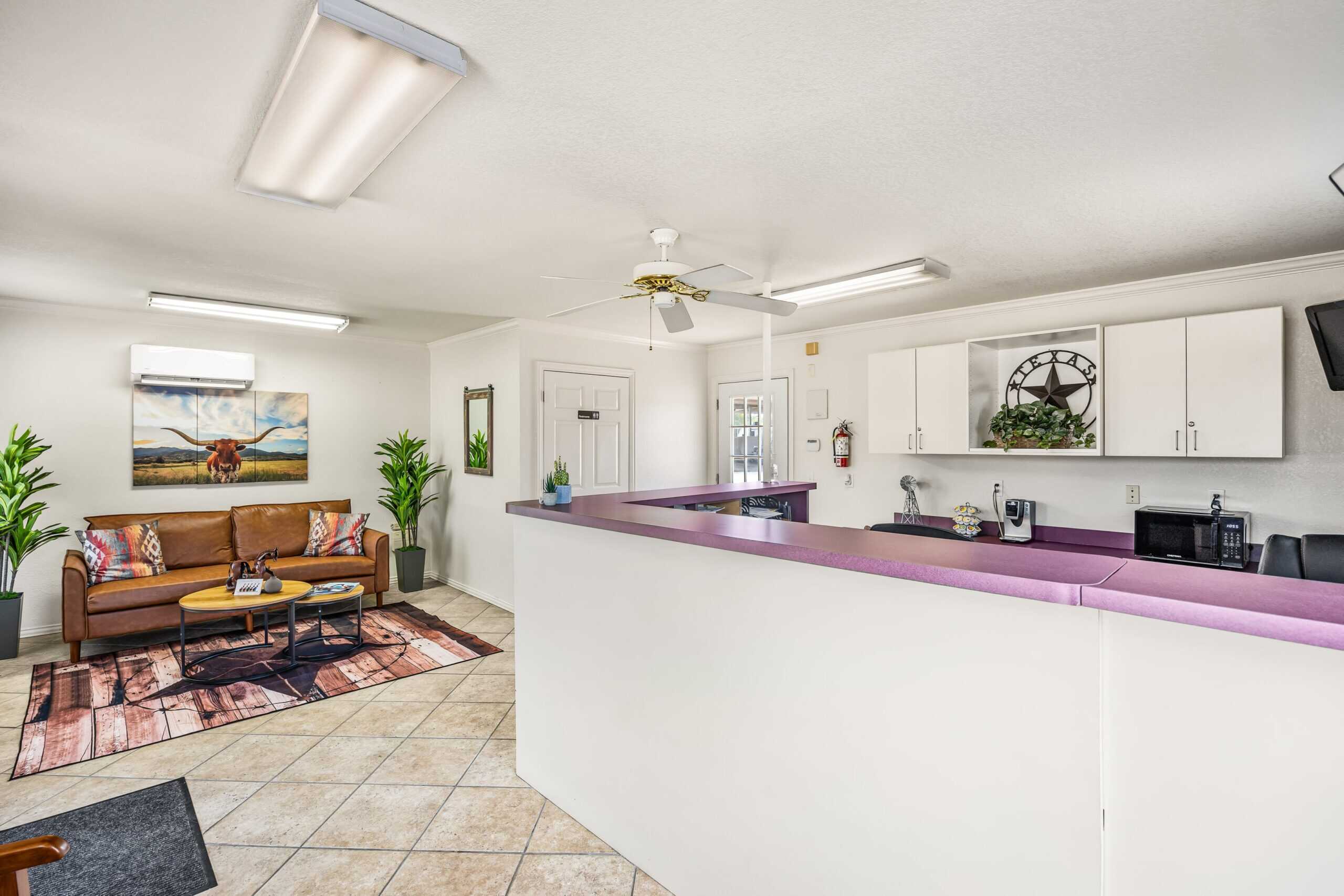 Modern office reception area with comfortable seating and decorative accents.