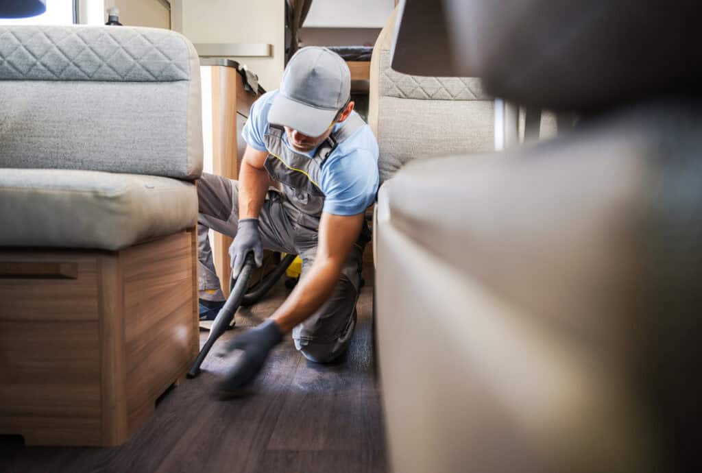 A man vacuuming under the couch of an RV.