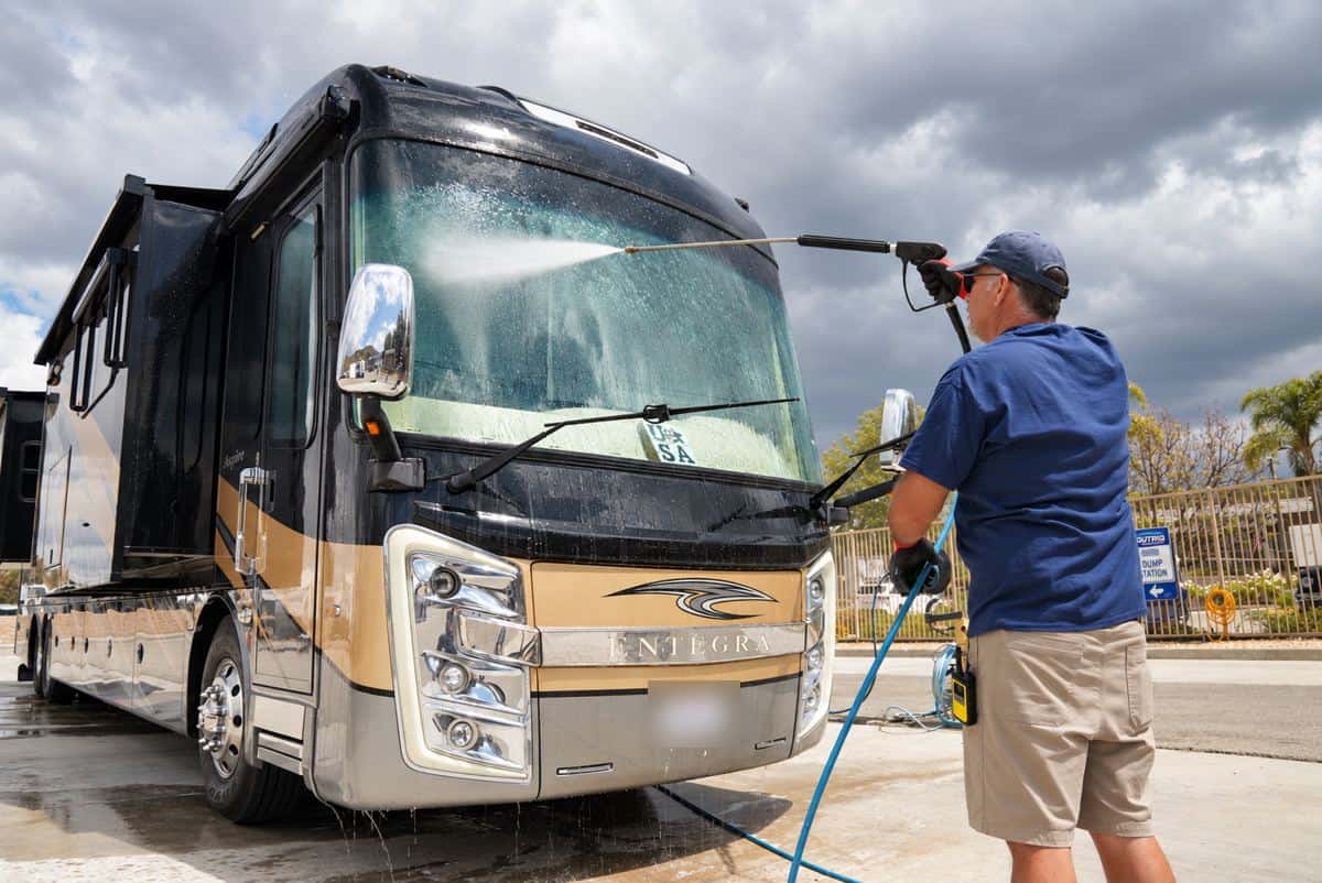 Washing a Class A motorhome at the Outrig Simi Valley wash station