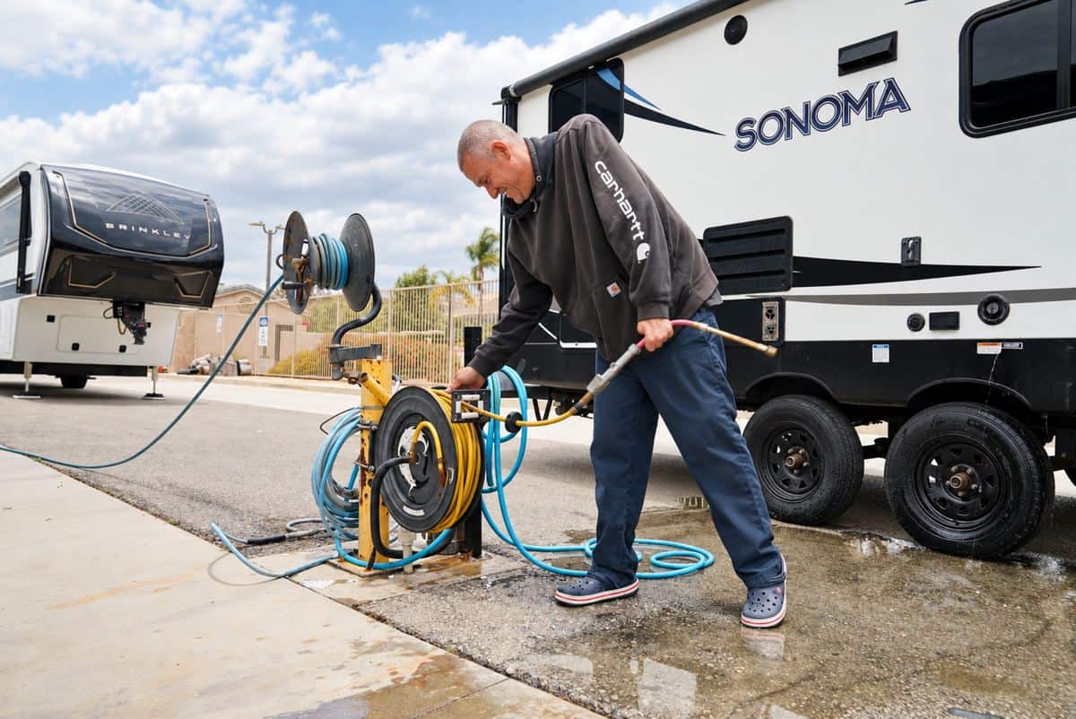 Tire air station with hose reel at Outrig Simi Valley